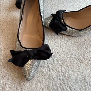 J. Crew Glittering Silver Heels with Elegant Black Bow
